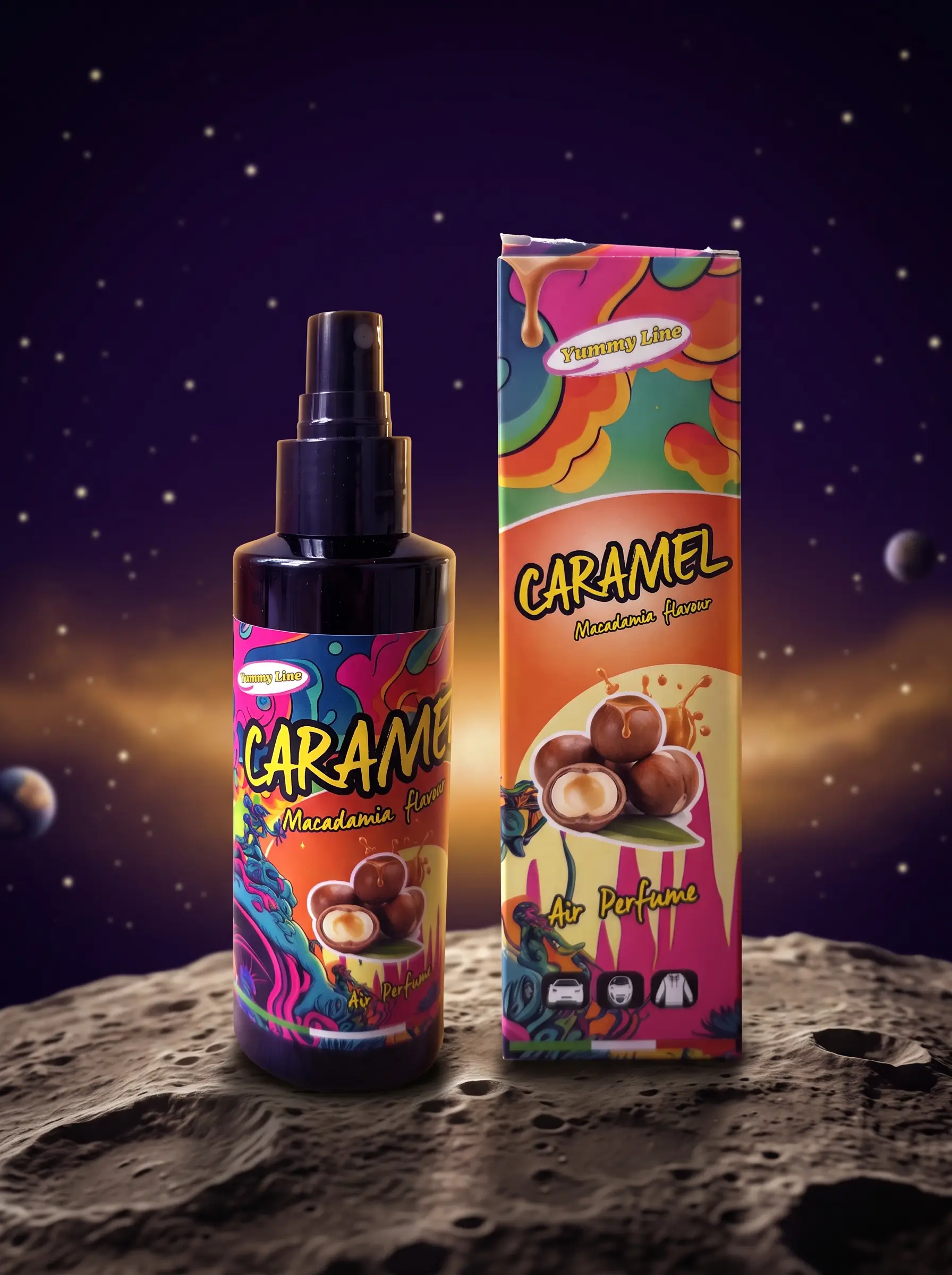 Confezione e boccetta da 150 ml di Yummy Line Caramel appoggiate su un asteroide