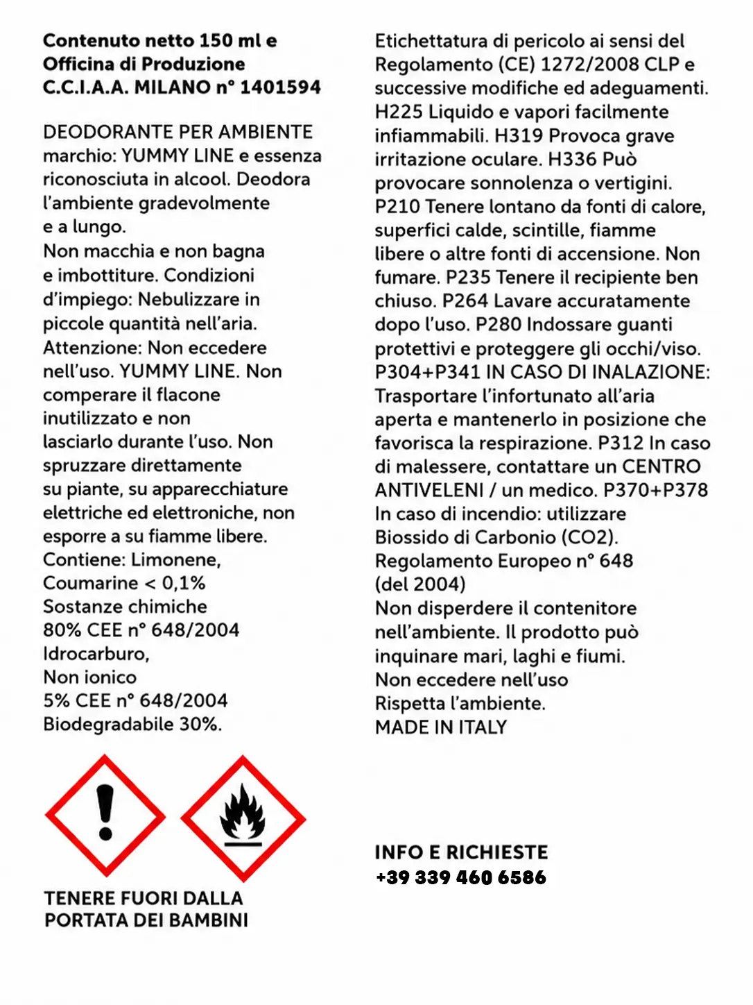Etichetta posteriore di Yummy Line Caramel: contenuto, ingredienti, avvertenze e simboli di pericolo